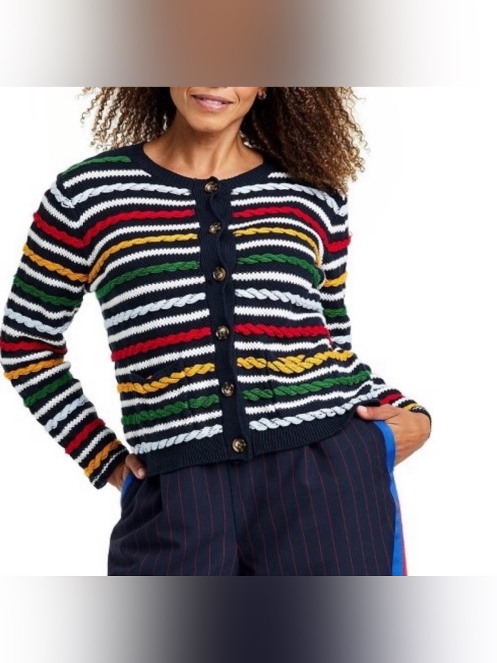 La Ligne Navy Multi-Stripe Cable Knit Button Cardigan
